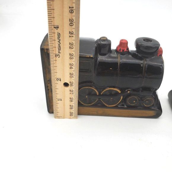 Train Locomotive Bookends Set Redware Japan Hand Decorated VTG Black Shelf  MCM - Picture 7 of 8